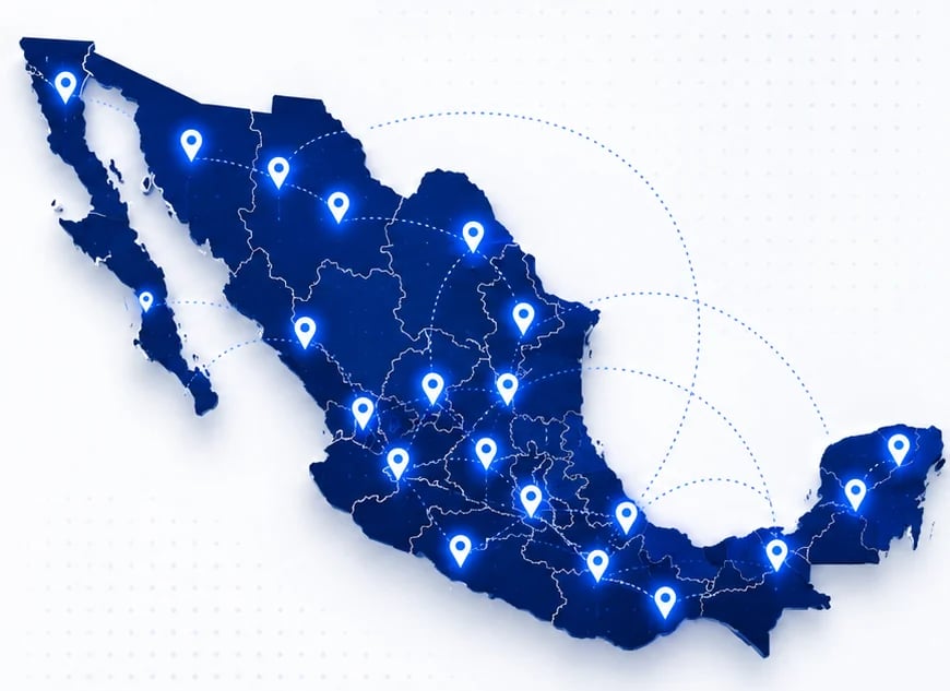 Mapa de México con iconos blancos de ubicación que marcan varias ciudades y regiones del país