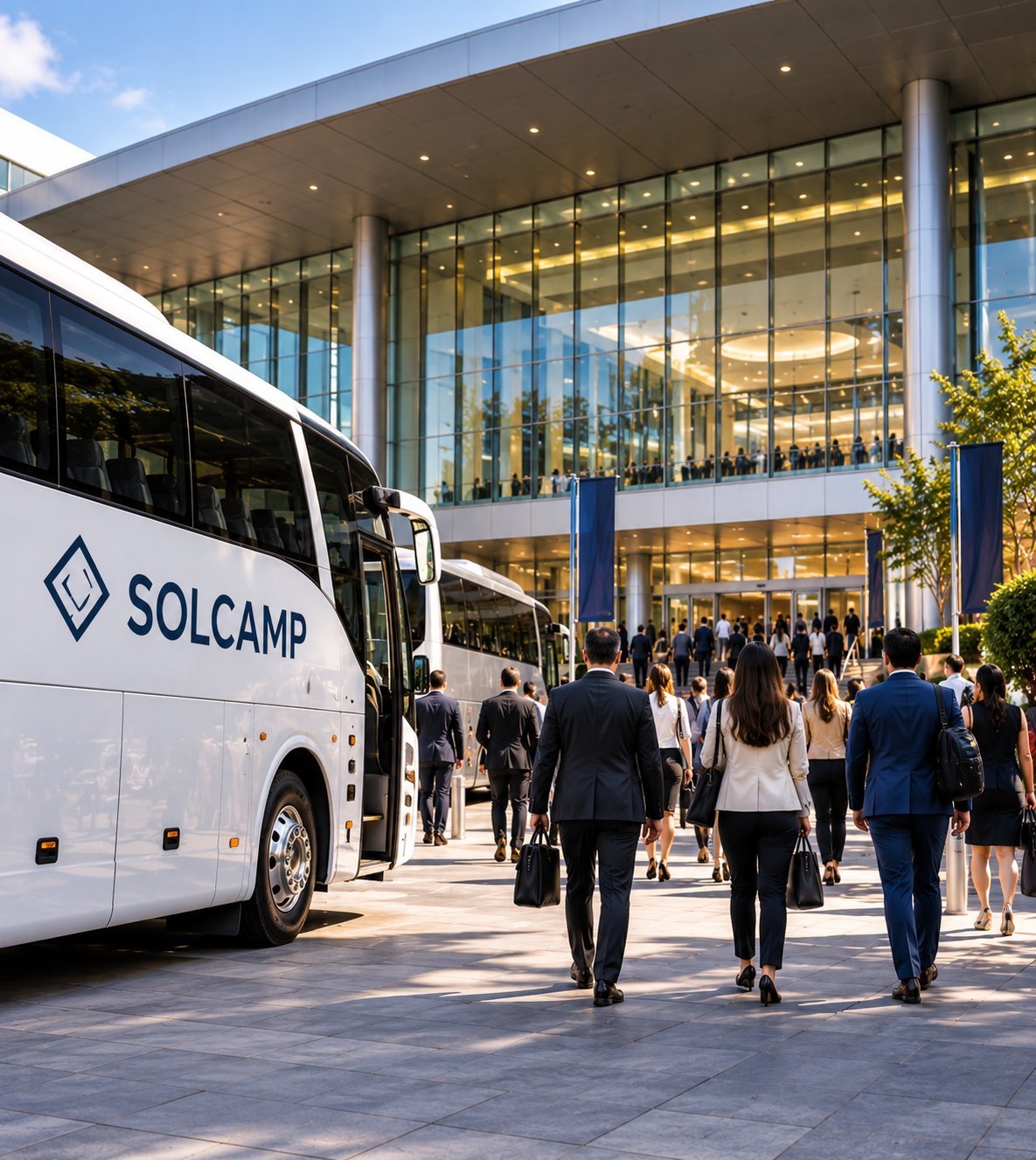 Autobús turístico blanco de SolCamp estacionado frente a un edificio de vidrio moderno con personas caminando en la plaza.