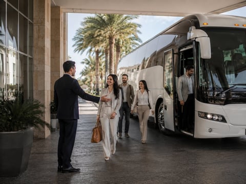 Empresario saludando pasajeros saliendo de autobús turístico blanco en calle con palmeras y arquitectura histórica
