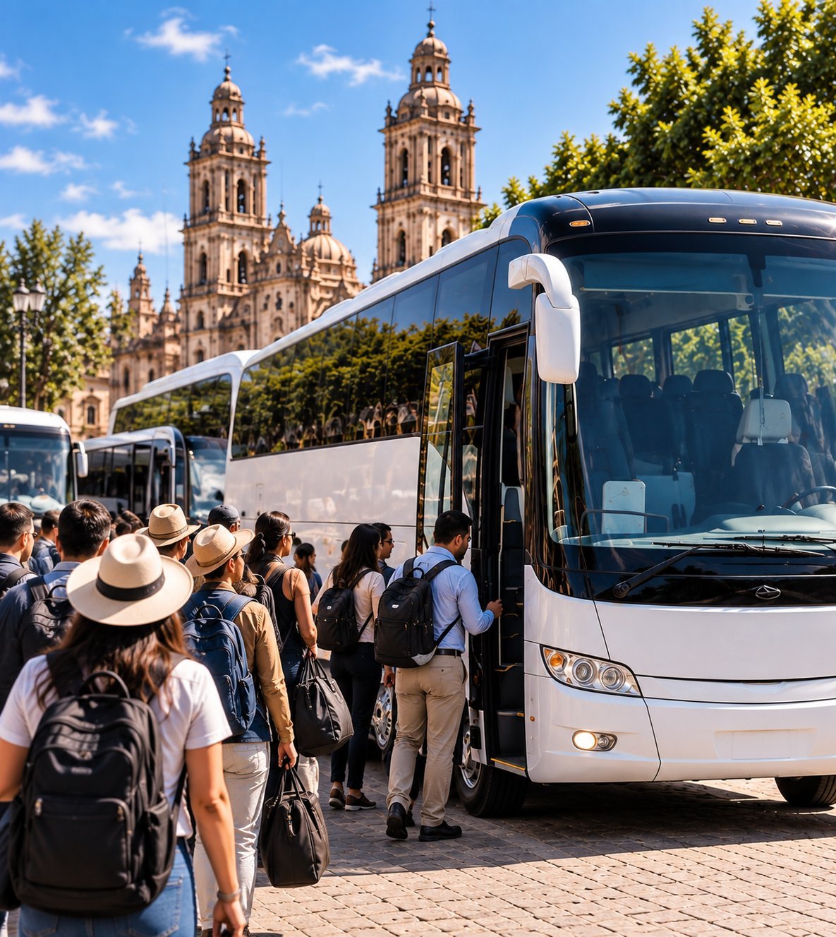 Grupo de turistas subiendo a un autobús blanco con una catedral histórica de dos torres al fondo.