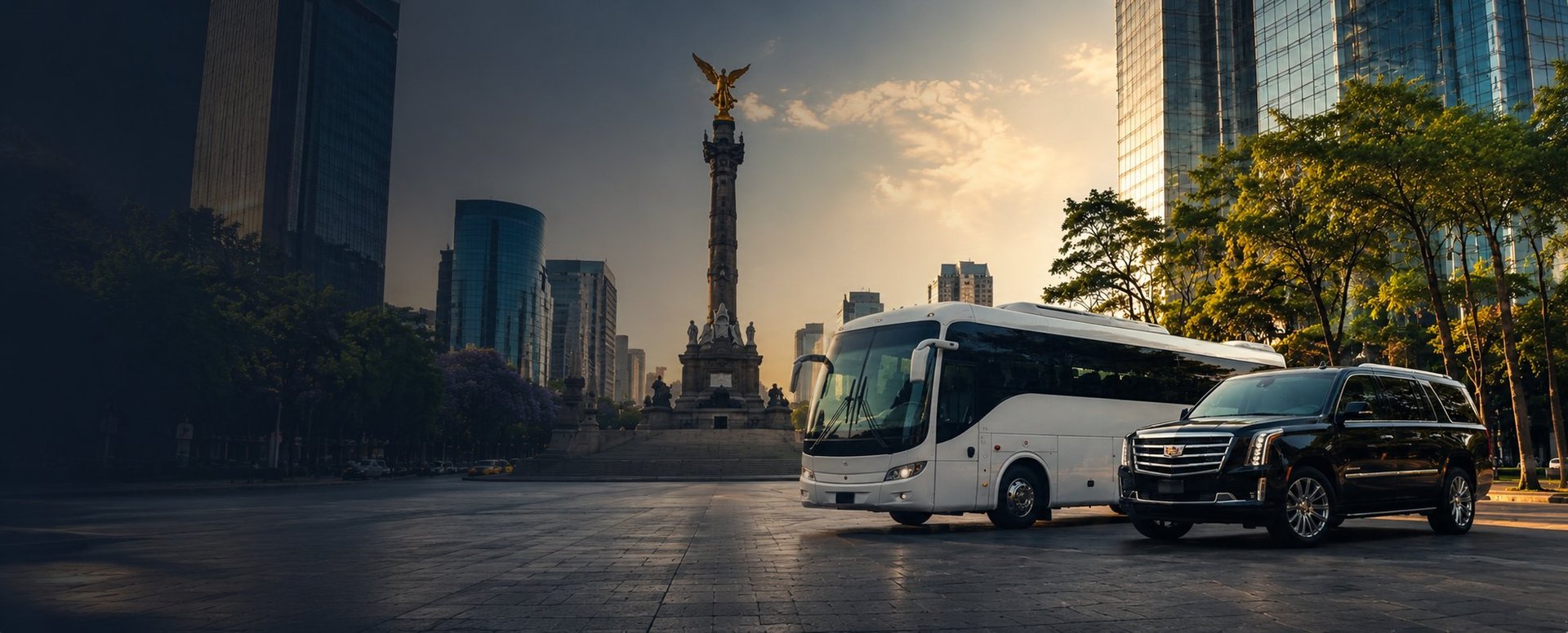 White bus and black SUV parked on tree-lined avenue facing Angel of Independence monument in Mexico City during golden hour