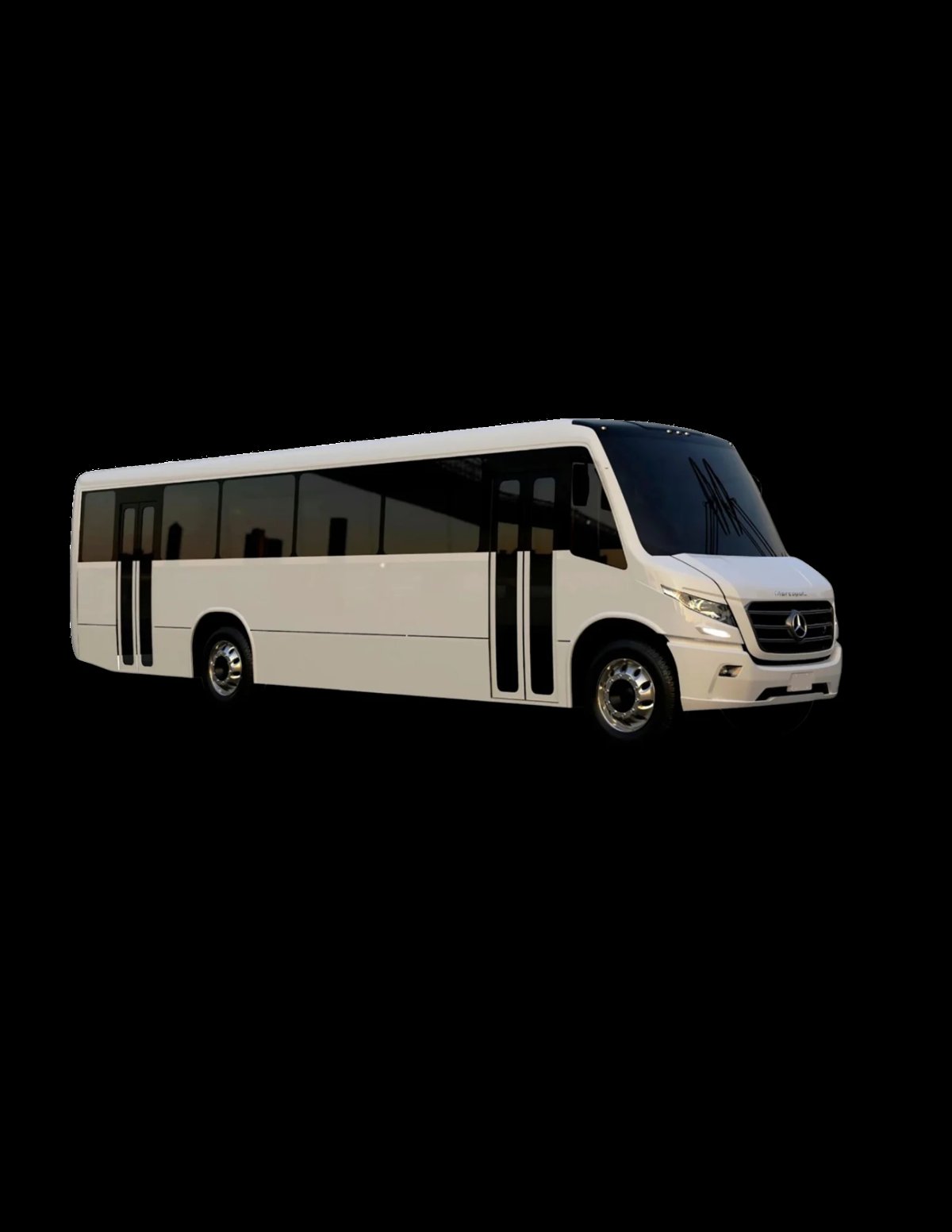 White Mercedes minibus with dark roof and open doors, shown in profile view against black background